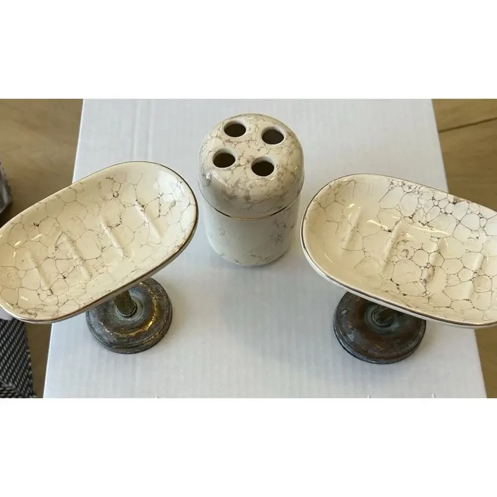 Vtg Brass Pedestal Soap Dish & Holder Porcelain Marbled Regency Decor Set 3